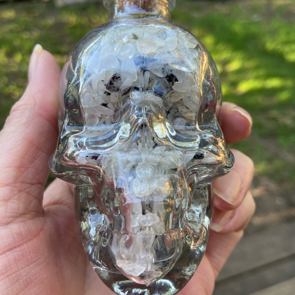 NEW Crystal Quartz gemstone Skull Glass Bottle with cork topper
